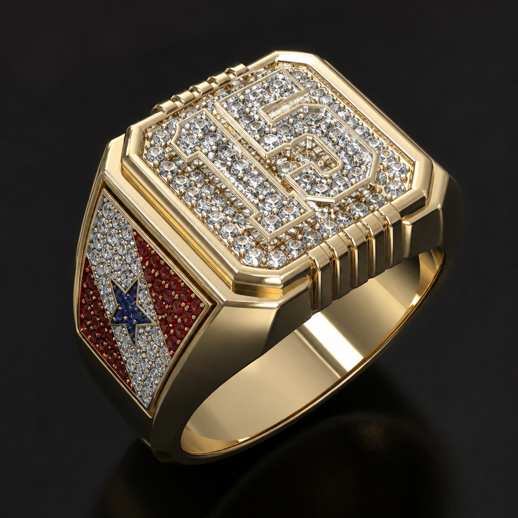 A luxury men's ring made of gold suitable for daily wear, detailed and decorative, moderately ornate. uma dedeira quadrada, na lateral uma bandeira do estado do Pará com pedras cravejadas com as cores da bandeira, e em cima da dedeira o número cravejado com pedras de diamante
photorealistic jewelry design, A luxury men's ring made of gold suitable for daily wear, detailed and decorative, moderately ornate. uma dedeira quadrada, na lateral uma bandeira do estado do Pará com pedras cravejadas com as cores da bandeira, e em cima da dedeira o número cravejado com pedras de diamante, luxury style, just the design no text