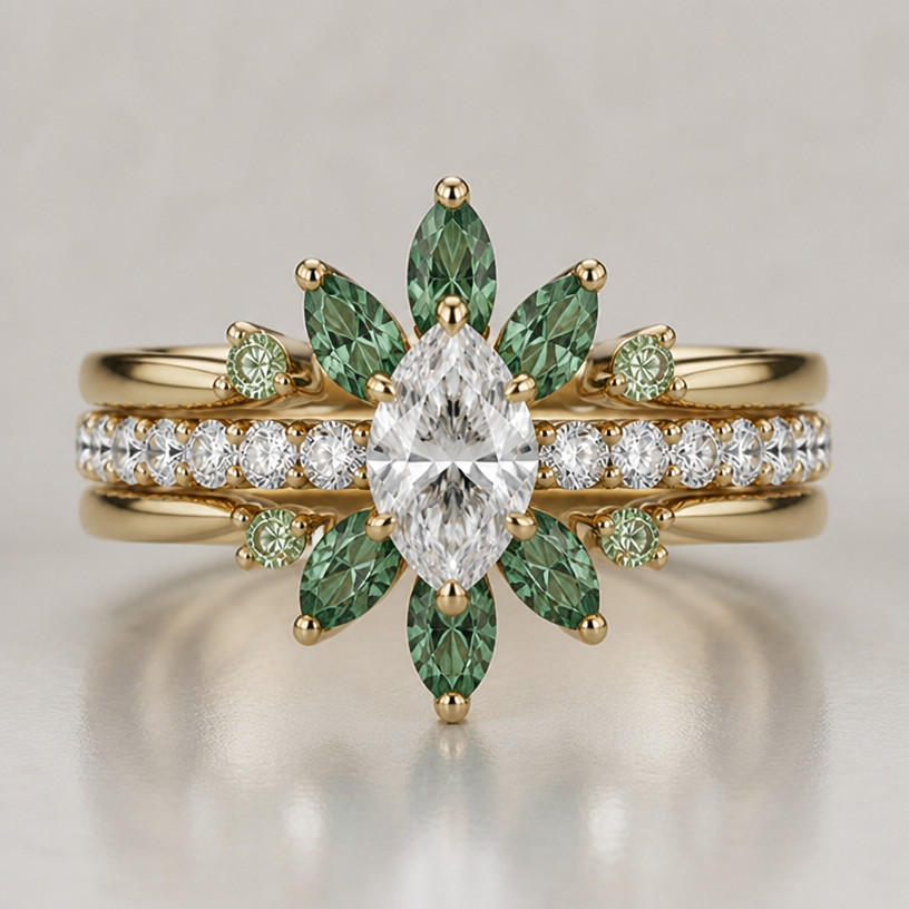 now can you make those emerald green marquise diamonds a bit bigger but take a couple of them off.
edit the attached jewelry design with these instructions: now can you make those emerald green marquise diamonds a bit bigger but take a couple of them off.. keep it photorealistic, just the design no text