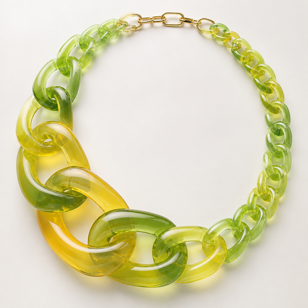 A women's necklace. create a chunky Cuban links style plastic necklace that is graduated and exaggerated in the first three links.translucent colors of green and yellow
photorealistic jewelry design, A women's necklace. create a chunky Cuban links style plastic necklace that is graduated and exaggerated in the first three links.translucent colors of green and yellow, modern style, just the design no text