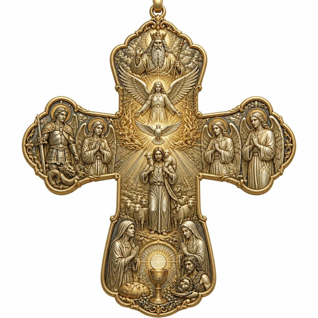 A classic women's pendant. A delicate elegant Cross, with Jesus Christ as the good shepherd with a beautiful delicate sheep on His shoulders, with a herd of sheep backward of Him, over Jesus Christ and the herd of sheep to be placed the Holy Spirit as an Angel with a beautiful delicate elegant and thin body, with a beautiful delicate and elegant face, with long hair, with big wings downward, under the Angel to be placed a dove, both the Angel and the dove to be surrounded by tongues of fire radiating light and fire to Jesus Christ and the herd of sheep, over the Holy Spirit to be placed God the Father with a beautiful delicate and elegant crown holding with His left hand His sceptre blessing the world. At the right side of the Cross to be placed Saint Michael the Archangel and Saint Gabriel the Archangel both of them Praying. At the left side of the Cross to be placed Saint Rafael the Archangel and the Guardian Angel both of them Praying. At the bottom of the Cross to be placed the Holy Communion with the chalice and two breads. At the right side of the lower part of the Cross to be placed Saint John the Baptist holding a beautiful delicate elegant platter with his head on it. At the lower left side of the Cross to be placed Saint Veronica Praying. At the hier half right part of the lower part of the Cross to be placed Virgo Maria Praying. At the hier left side of the Cross to be placed Saint George with his armour.
photorealistic jewelry design, A classic women's pendant. A delicate elegant Cross, with Jesus Christ as the good shepherd with a beautiful delicate sheep on His shoulders, with a herd of sheep backward of Him, over Jesus Christ and the herd of sheep to be placed the Holy Spirit as an Angel with a beautiful delicate elegant and thin body, with a beautiful delicate and elegant face, with long hair, with big wings downward, under the Angel to be placed a dove, both the Angel and the dove to be surrounded by tongues of fire radiating light and fire to Jesus Christ and the herd of sheep, over the Holy Spirit to be placed God the Father with a beautiful delicate and elegant crown holding with His left hand His sceptre blessing the world. At the right side of the Cross to be placed Saint Michael the Archangel and Saint Gabriel the Archangel both of them Praying. At the left side of the Cross to be placed Saint Rafael the Archangel and the Guardian Angel both of them Praying. At the bottom of the Cross to be placed the Holy Communion with the chalice and two breads. At the right side of the lower part of the Cross to be placed Saint John the Baptist holding a beautiful delicate elegant platter with his head on it. At the lower left side of the Cross to be placed Saint Veronica Praying. At the hier half right part of the lower part of the Cross to be placed Virgo Maria Praying. At the hier left side of the Cross to be placed Saint George with his armour., classic style, just the design no text