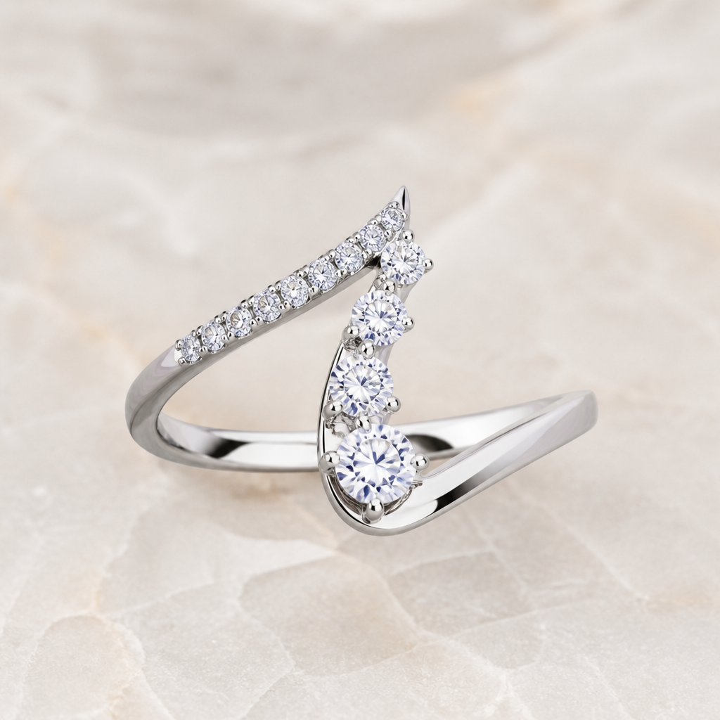 A modern women's ring with diamond stones
photorealistic jewelry design, A modern women's ring with diamond stones, modern style, just the design no text