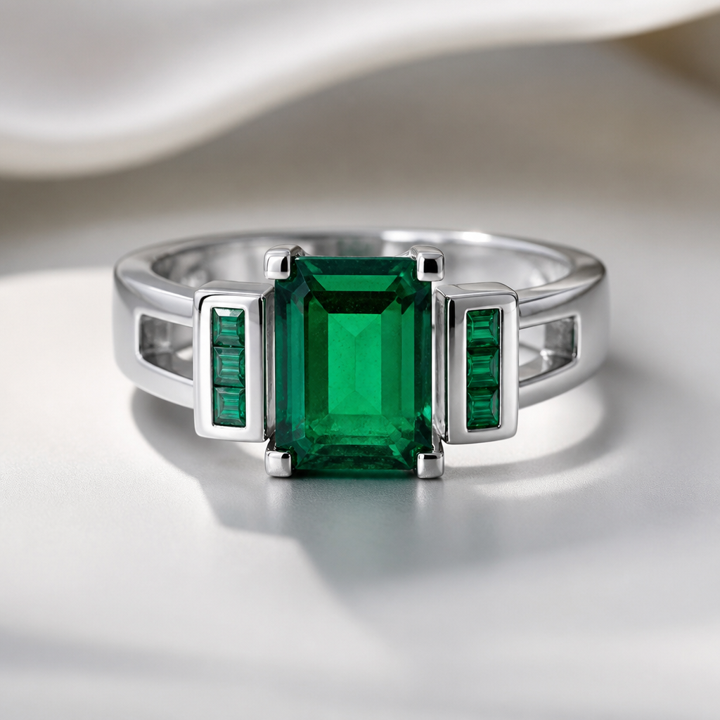 A women's ring made of silver with emerald stones. I have a rectangular emerald
photorealistic jewelry design, A women's ring made of silver with emerald stones. I have a rectangular emerald, modern style, just the design no text