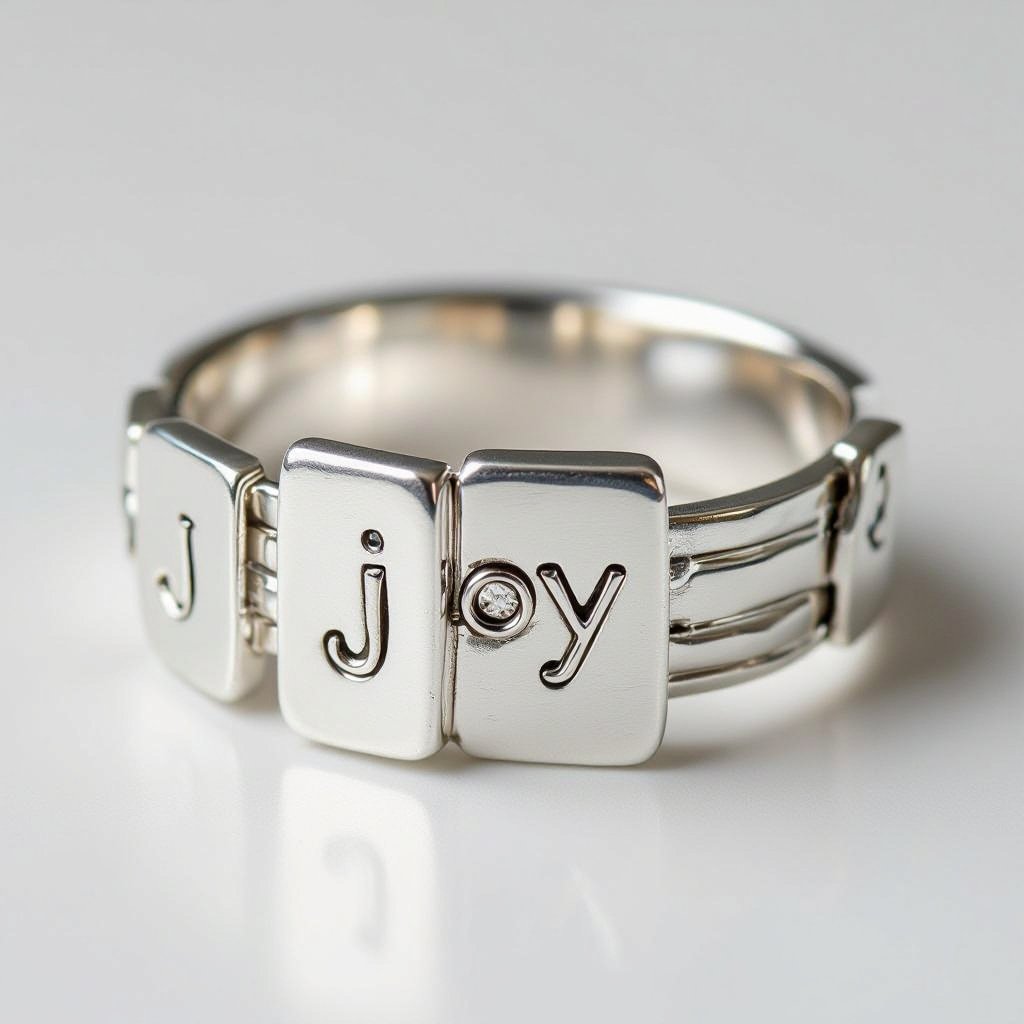 Pure silver band no jewels with silver rectangles each with a wire letters, creating the word joy