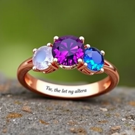 A simple, three stone 18 karat rose gold engagement ring set with a circular purple alexandrite. Also set with a small half moon cut blue chalcedony on one side right next to it, and a small half moon cut moonstone set on the other side right next to it. On the inside of the band, it has an inscription reading, “Tuum. Et in hac vita et in altera.”