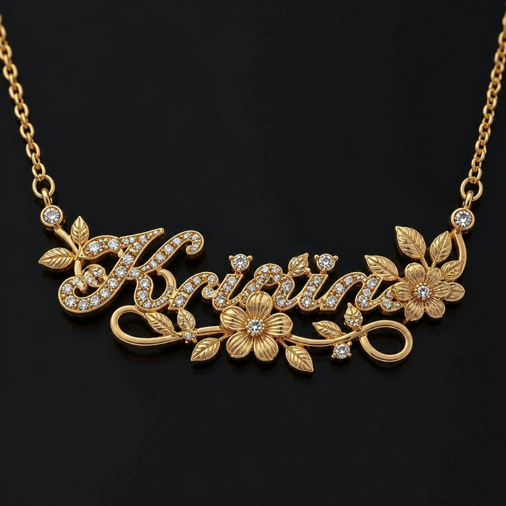 "name "kristina" in gold necklace with diamonds and flowers and leaves design
photorealistic jewelry design, "name "kristina" in gold necklace with diamonds and flowers and leaves design , just the design no text