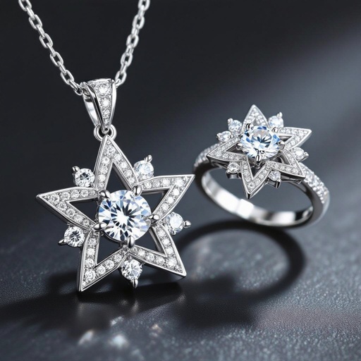 Geomatric star pendant and ring of diamonds and voulume of edge style and concept contemporary design of star shape 
