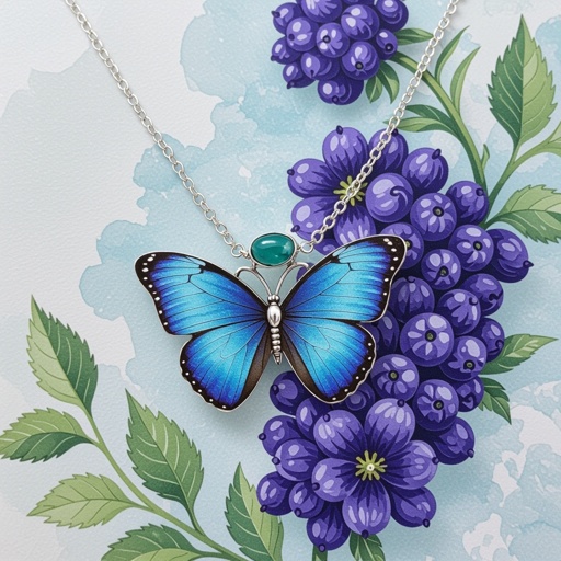 Blue butterfly jade necklace with blackberry flowers 