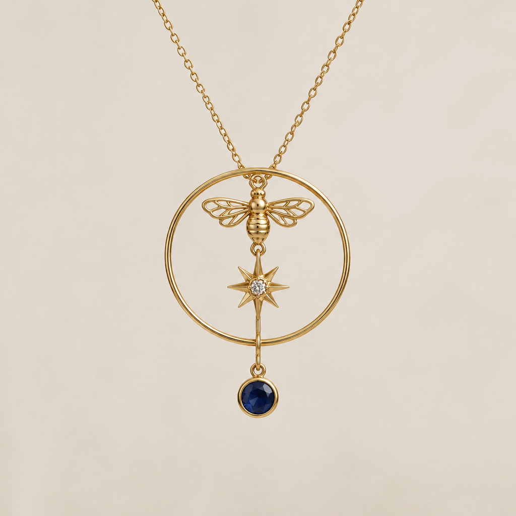 A geometric women's necklace made of gold suitable for formal, minimalist, simple and delicate, clean lines. un cerchio con allinterno un grangio traforato sotto un filo di oro e appeso una stella solare e poi un altro filo con sotto un giolello blu
photorealistic jewelry design, A geometric women's necklace made of gold suitable for formal, minimalist, simple and delicate, clean lines. un cerchio con allinterno un grangio traforato sotto un filo di oro e appeso una stella solare e poi un altro filo con sotto un giolello blu, geometric style, just the design no text