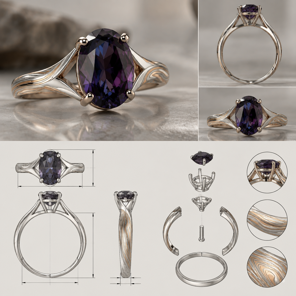 A nordic women's ring made of silver suitable for engagement, minimalist, simple and delicate, clean lines. i would like a ring with a deep dark purple/mauve almost not see thru with blueish reflection oval spinel mounted something feminin and also wicked and simplistic and durable also elegant and stylish the shank would be 3 colors silver gold and rose gold in a mokume gane style twist in the metal pattern with a cathedral bascket style mount for the gem
i would like to see a photo reealistic rendering of the piece and also a sketch with detailed measurment and assembling plan
photorealistic jewelry design, A nordic women's ring made of silver suitable for engagement, minimalist, simple and delicate, clean lines. i would like a ring with a deep dark purple/mauve almost not see thru with blueish reflection oval spinel mounted something feminin and also wicked and simplistic and durable also elegant and stylish the shank would be 3 colors silver gold and rose gold in a mokume gane style twist in the metal pattern with a cathedral bascket style mount for the gem
i would like to see a photo reealistic rendering of the piece and also a sketch with detailed measurment and assembling plan, nordic style, just the design no text