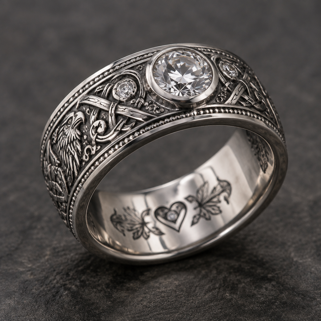 A scandinavian men's ring made of silver with diamond stones, highly ornate, intricate and elaborate, richly detailed. a simple mens rings with bezel placement of jewel and an engraving of the names "Nathaniel 💖Emilia " on the inside a 925 silver ring a classy look according to this age
photorealistic jewelry design, A scandinavian men's ring made of silver with diamond stones, highly ornate, intricate and elaborate, richly detailed. a simple mens rings with bezel placement of jewel and an engraving of the names "Nathaniel 💖Emilia " on the inside a 925 silver ring a classy look according to this age, scandinavian style, just the design no text
