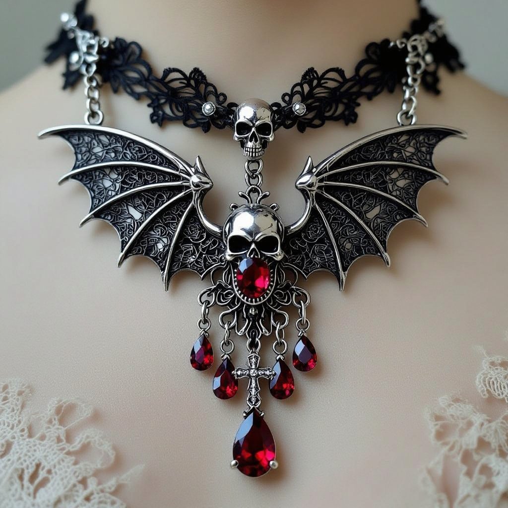 Necklace vampiric, with black lace with blood red gems