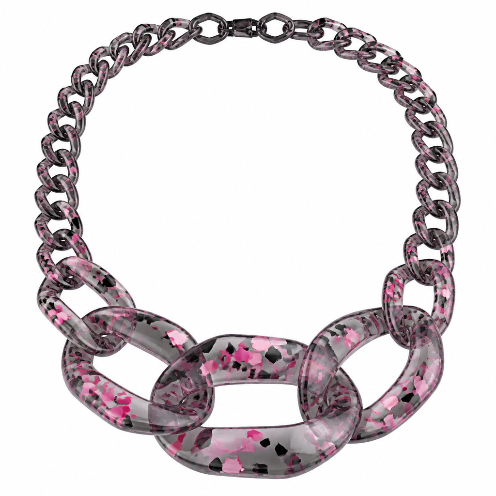 A women's necklace. create a chunky Cuban Link style plastic chain that is o graduated and exaggerated in the first front three links that is translucent confetti lucite of dark greyl and pink
photorealistic jewelry design, A women's necklace. create a chunky Cuban Link style plastic chain that is o graduated and exaggerated in the first front three links that is translucent confetti lucite of dark greyl and pink, modern style, just the design no text