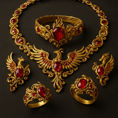 A full Ruby jewelry set including bracelet, earrings and rings with at least 10 citrine and topaz inlays with phoenix themes and an omega necklace