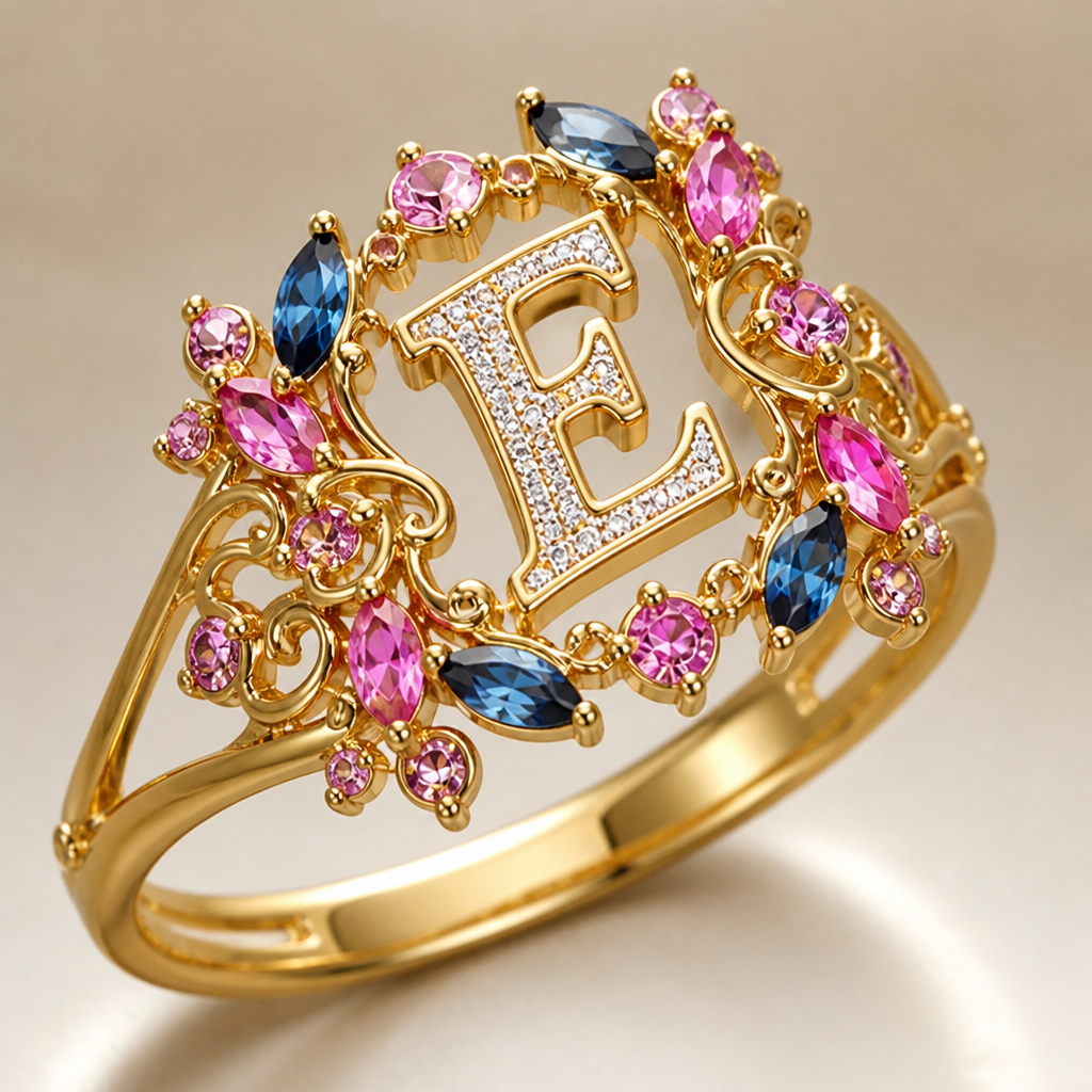 A modern women's ring made of gold, highly ornate, intricate and elaborate, richly detailed. um anel de 15 anos com inicial E com pedrinhas azul e pedrinhas rosa em volta
photorealistic jewelry design, A modern women's ring made of gold, highly ornate, intricate and elaborate, richly detailed. um anel de 15 anos com inicial E com pedrinhas azul e pedrinhas rosa em volta, modern style, just the design no text