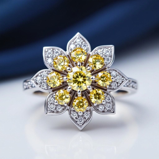 make a white gold ring, with big yellow diamond kinda flower-shaped stone. 