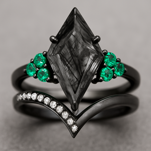 Black band, long kite cut rutilated black quartz upside down, emerald accent stones 3 on each side in a cluster, add a wedding band that curves around main stone with black and white stones