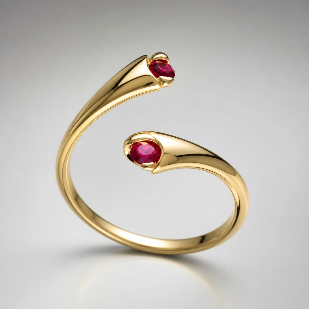 A minimalist women's ring made of gold with ruby stones. art sculpture ring
photorealistic jewelry design, A minimalist women's ring made of gold with ruby stones. art sculpture ring, minimalist style, just the design no text