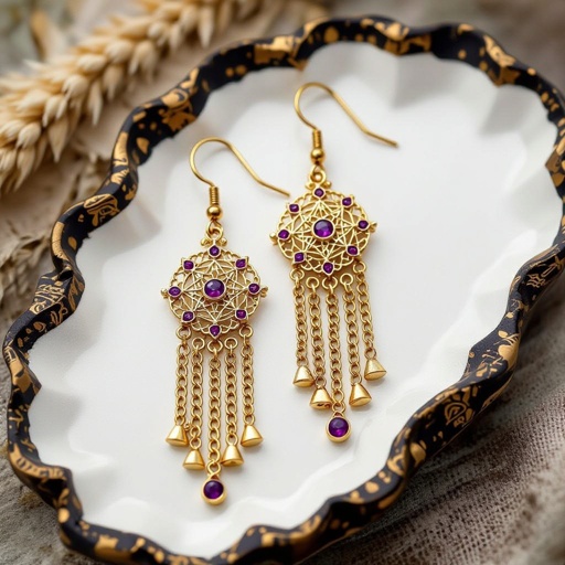 Серьги длинные на цепочках матовое золото мятое. Символ схематично созвездие. Маленькие фиолетовые камушки