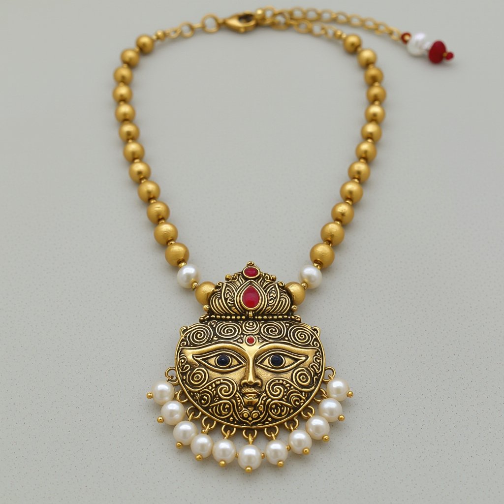 Кулон на длинной цепочке. Матовое светлое золото. В цепочке небольшие золотые шарики и жемчуг. Кулон в виде двух глаз над ними лотос с маленьким красным камнем внутри узоры завитушки 