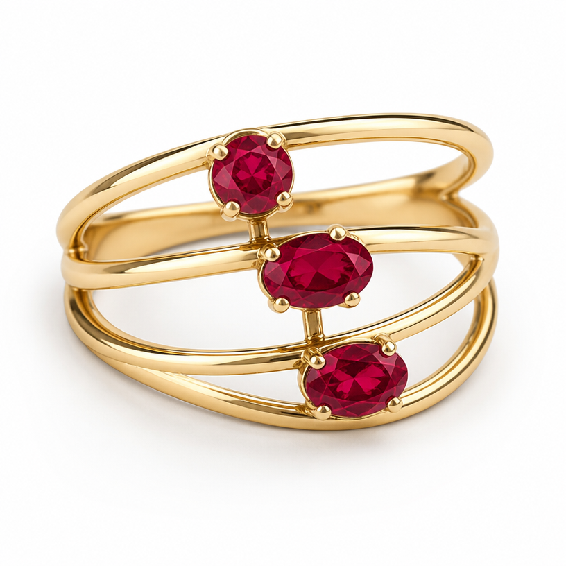 A modern women's ring made of gold with ruby stones suitable for birthday. 3 stones, same size, 1 round 2 oval,
3 stripes each stone on a different stripe, all 3 connected
using the attached image as a visual reference, create A modern women's ring made of gold with ruby stones suitable for birthday. 3 stones, same size, 1 round 2 oval,
3 stripes each stone on a different stripe, all 3 connected. photorealistic, just the design no text