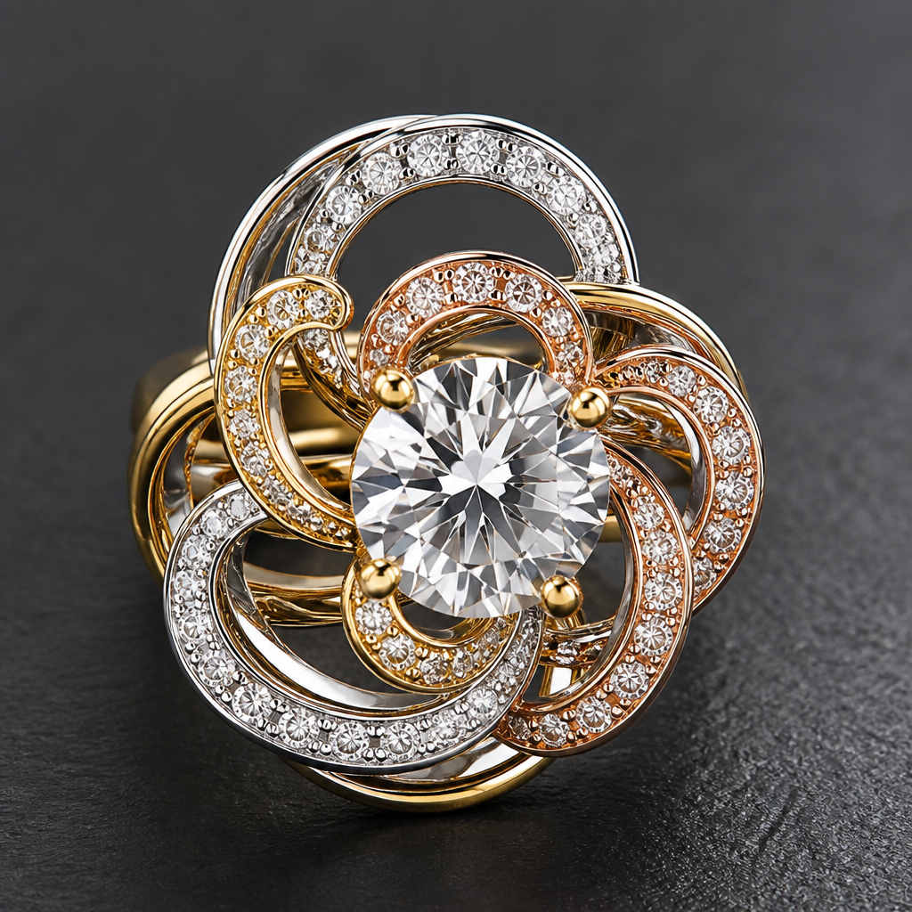 A statement women's ring made of mixed metal with diamond stones suitable for festival. An extraordinary excellent beautiful delicate and elegant solitaire women ring. Face of the ring.
photorealistic jewelry design, A statement women's ring made of mixed metal with diamond stones suitable for festival. An extraordinary excellent beautiful delicate and elegant solitaire women ring. Face of the ring., statement style, just the design no text