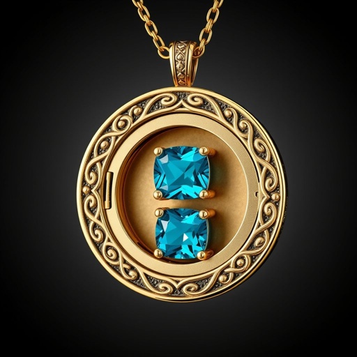 A celtic Amulet necklace locket with VVS 50 carat Nanette-cut turquoise sapphire gemstones and 18k gold chain