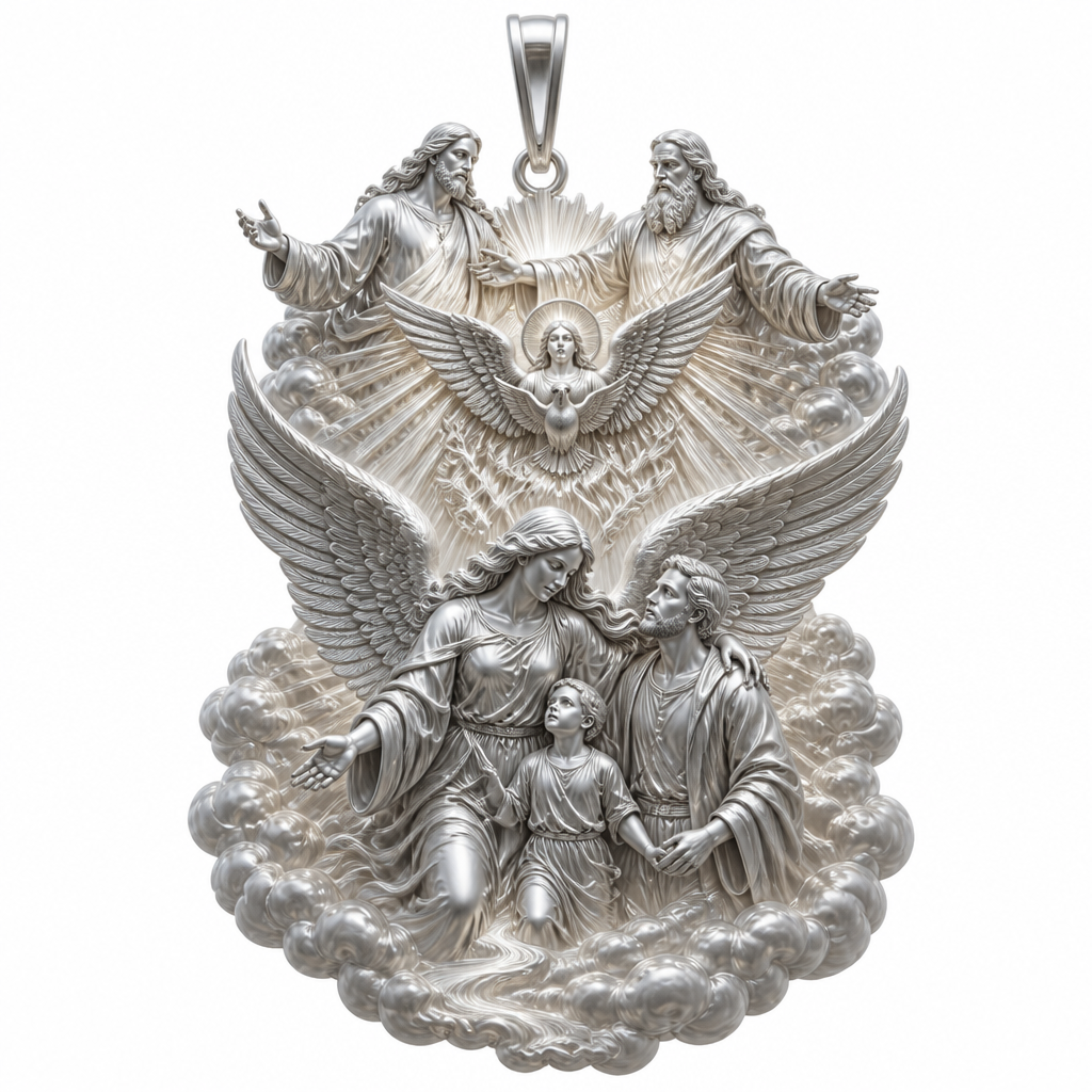 A modern women's pendant made of silver suitable for festival. An extraordinary excellent beautiful delicate and elegant pendant with the Guardian Angel with a beautiful delicate and elegant face, with long hair, with big wings flying, with a beautiful delicate elegant and with beautiful curves at her body, with a beautiful delicate and elegant tunic holding a child and an adult with its hands protecting them and guiding them on the way of the Holy Trinity. Sawing the way of the Holy Trinity in front of them God the Father, God the Son and God the Holy Spirit, the Holy Spirit to be as an Angel with a dove under the Angel surrounded by tongues of fire radiating light to the persons and the Guardian Angel, without the surrounding metals of the pendant. All the persons and the surrounding area to be 3D like statues. With less metal of the pendant and more accurate persons and only the persons and the clouds and the rayes of light. Less metal at the pendant and more 3D persons to be seen all the persons 3D.