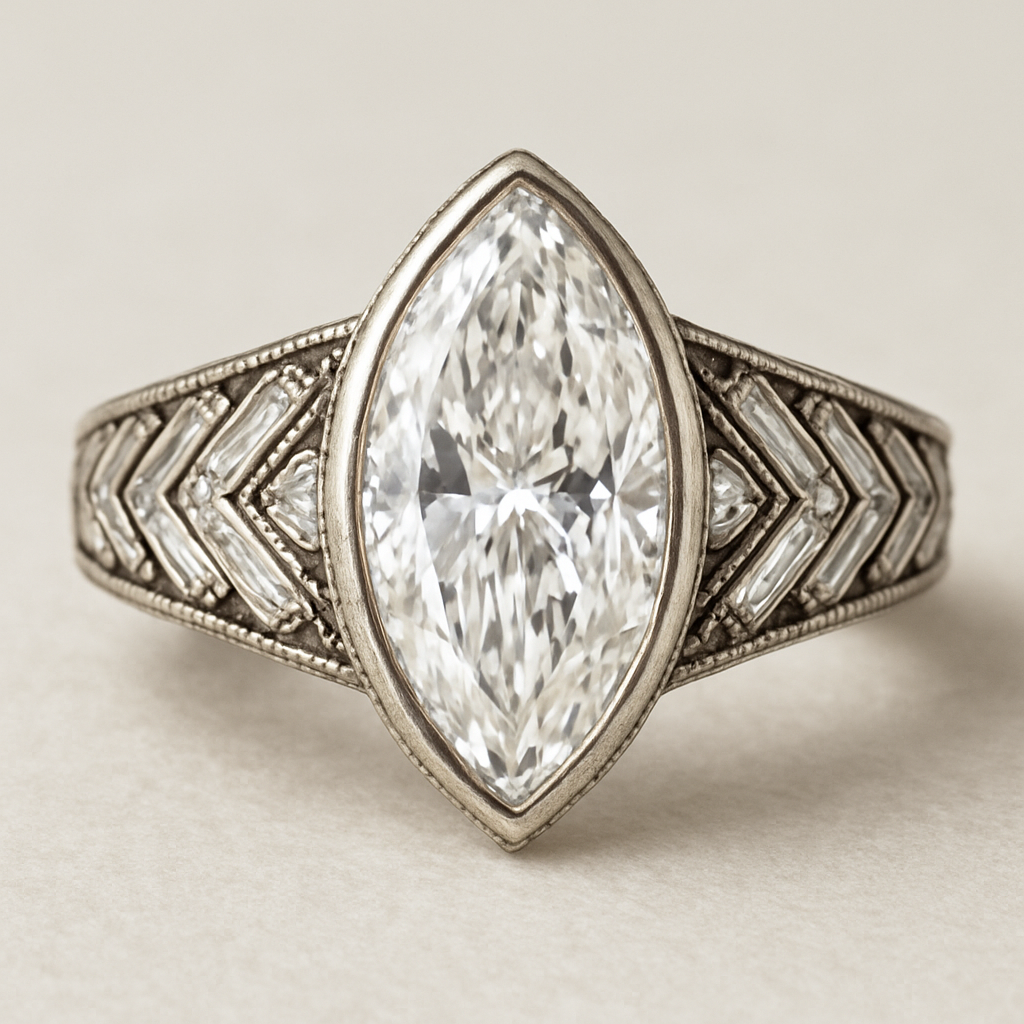 Bezel set 6 carat marquise diamond center stone with baguette diamonds in a herringbone pattern in the band