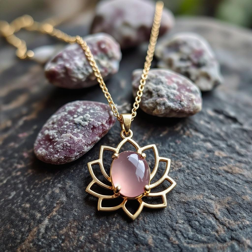 Золотая матовая цепочка. Подвеска матовая лотос шесть лепестков не круглый . В сердце лотоса матовый розовый кварц овальный