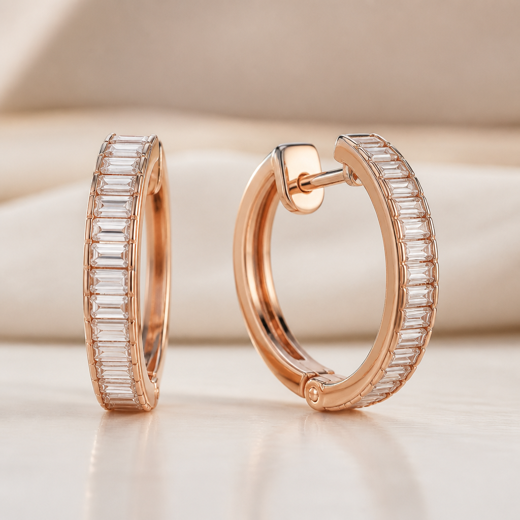 Rose gold baguette hoop earrings
photorealistic jewelry design, Rose gold baguette hoop earrings , just the design no text
