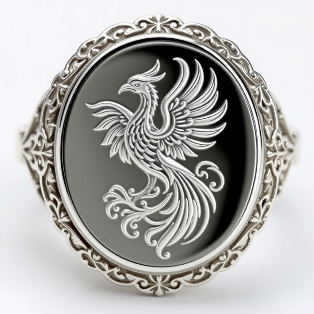 A platinum signet ring with phoenix printed on it for women 