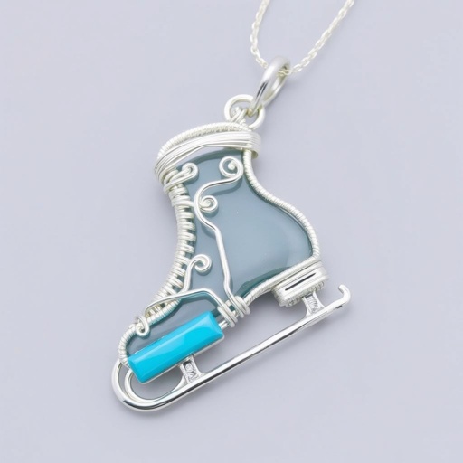 Silver Pendant shape one ice skate with turquoise stripe inside the low thin part blade