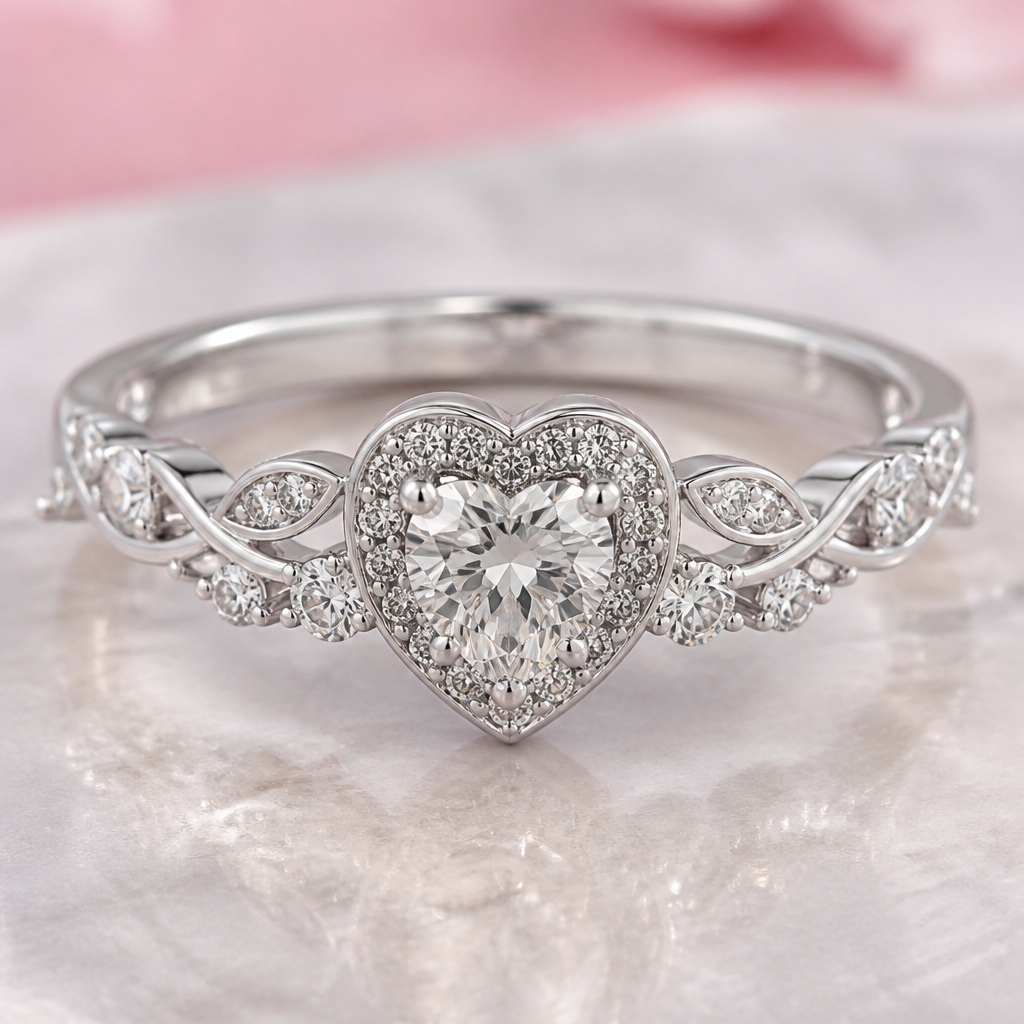 A romantic women's ring made of platinum with diamond stones suitable for festival, detailed and decorative, moderately ornate
photorealistic jewelry design, A romantic women's ring made of platinum with diamond stones suitable for festival, detailed and decorative, moderately ornate, romantic style, just the design no text