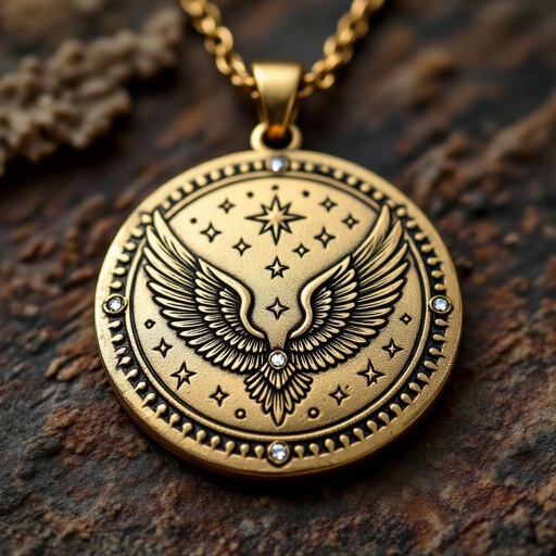 Золотой матовый медальон в форме неровного круга с неровными краями. По краям выпуклые точки сплошной линией. На круге выгравирован ангел без фигуры, видно только крылья и вокруг здездочки и разные узоры и украшен миниатюрными камнями