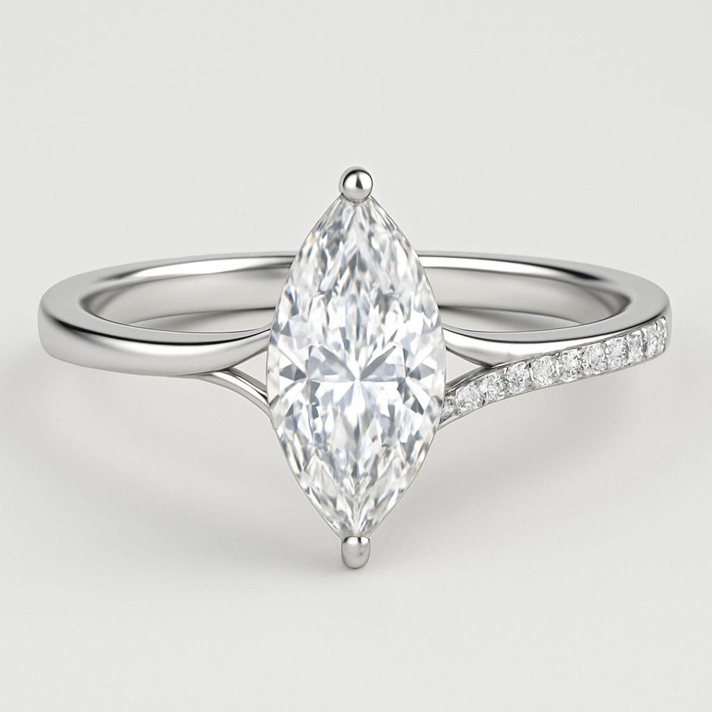 Create an engagement ring with a pave band but plain on the outsides. Let the outside plain parts of the band split off from the pave and connect to a floating marquise cut diamond with prongs only on the top and bottom edges.