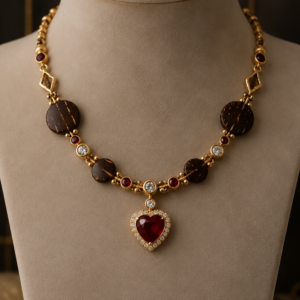 A bohemian women's necklace made of gold with diamond and ruby stones suitable for formal. un colier en or travaillé avec de la coque de coco et surmonté d'un rubis en pendantif en forme de coeur
photorealistic jewelry design, A bohemian women's necklace made of gold with diamond and ruby stones suitable for formal. un colier en or travaillé avec de la coque de coco et surmonté d'un rubis en pendantif en forme de coeur, bohemian style, just the design no text