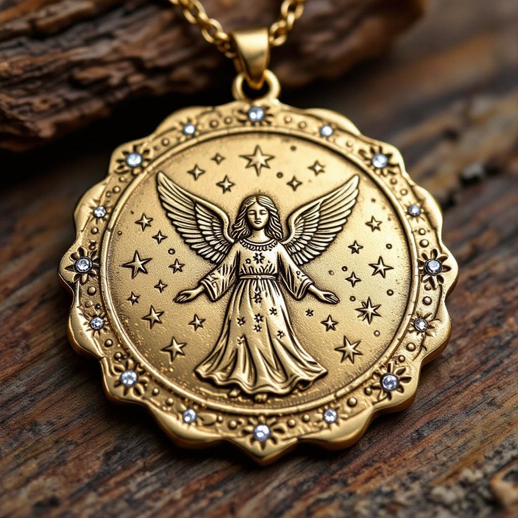 Золотой матовый медальон в форме неровного круга с неровными краями. По краям выпуклые точки сплошной линией. На круге выгравирован ангел без фигуры, видно только крылья и вокруг здездочки и разные узоры и украшен миниатюрными камнями