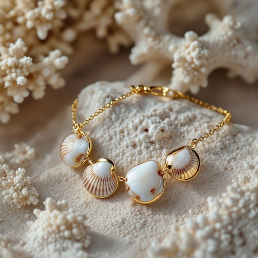 Sea inspired jewelry set, with small shells and golden details