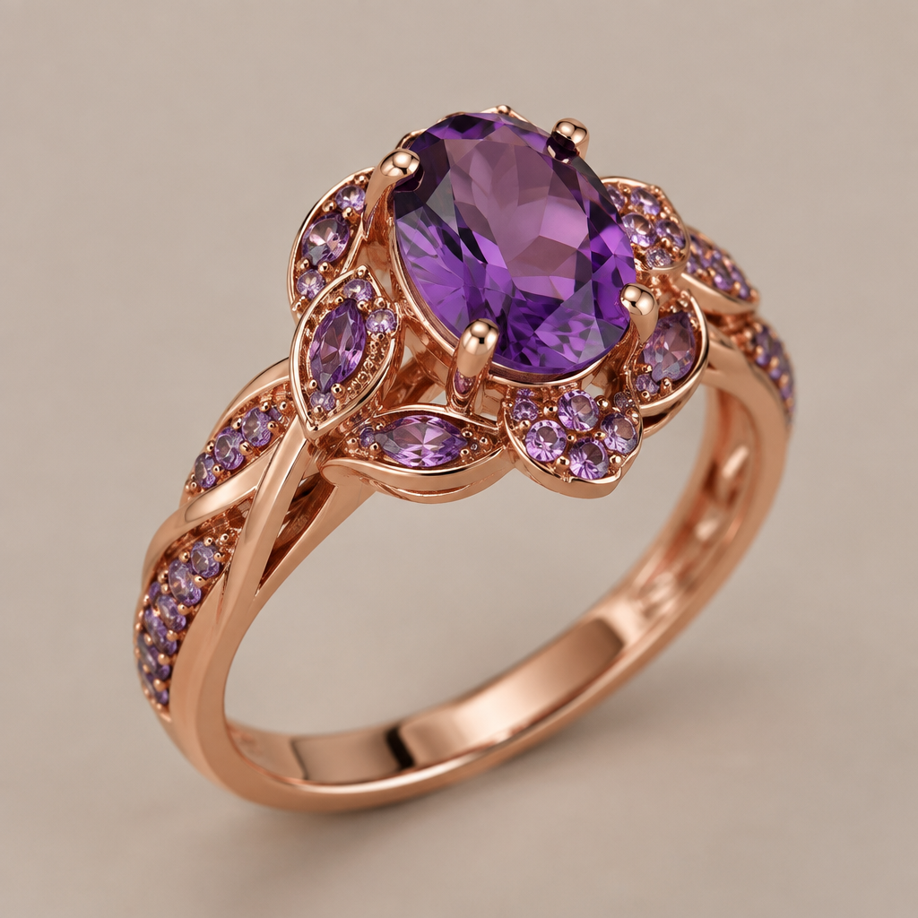 A rose gold women's ring made of copper with amethyst stones
photorealistic jewelry design, A rose gold women's ring made of copper with amethyst stones, rose_gold style, just the design no text