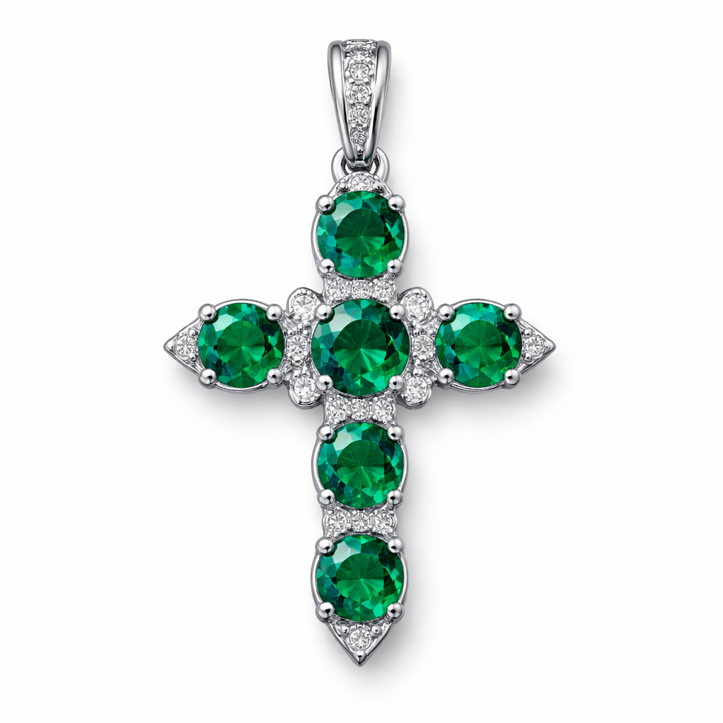 Circle cut emerald cross, white gold, simple accent diamonds, elegant and timeless