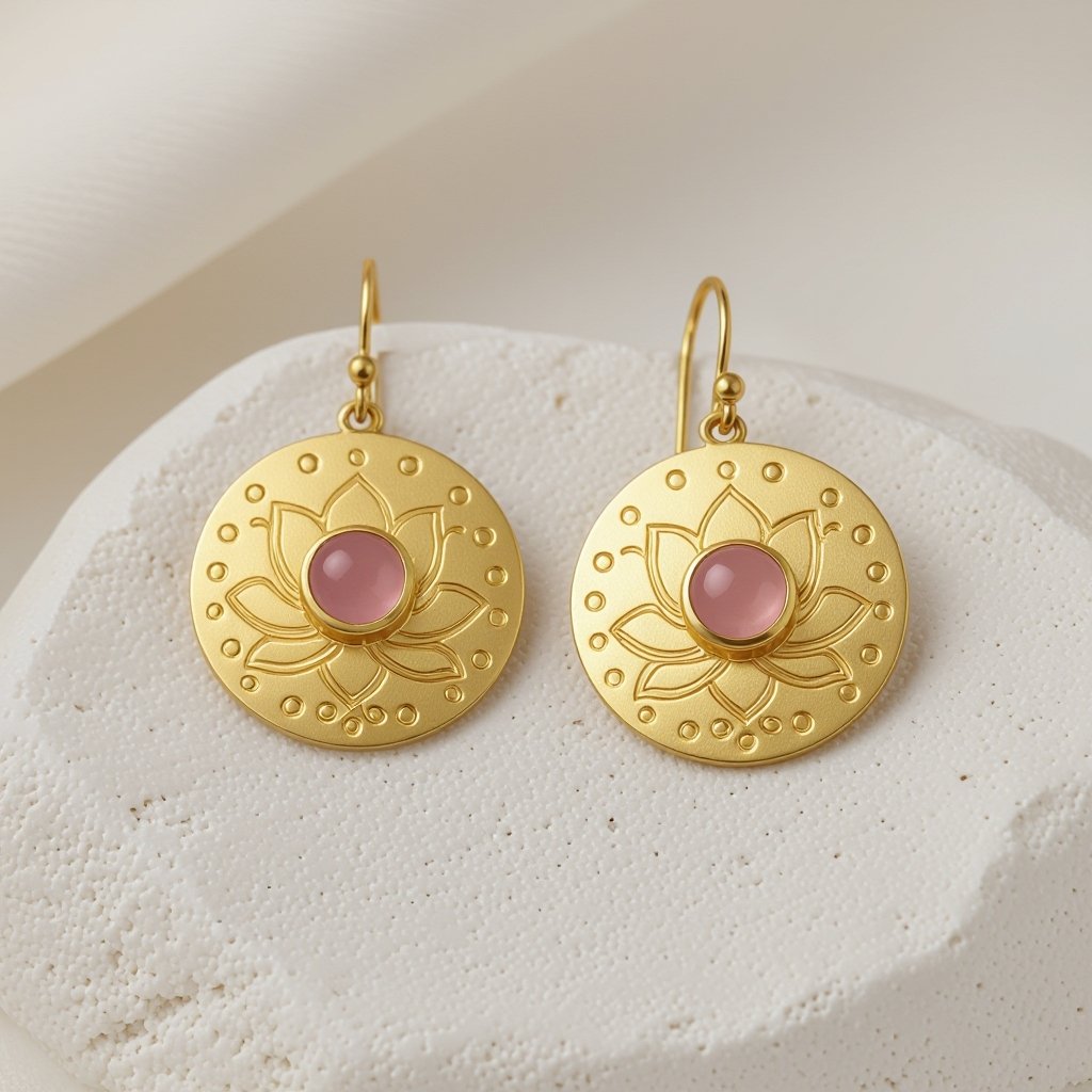 Золотые матовые серьги. Подвеска в виде круга. По окружности выпуклые маленькие точки. В центре выгравирован узор в форме лотоса. В центре лотоса маленький камень из розового кварца