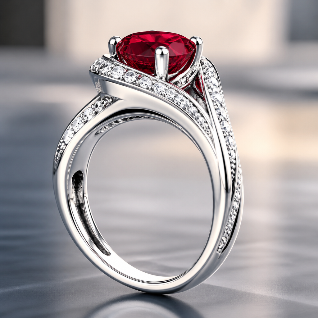 A modern women's ring made of white gold with ruby and diamond stones suitable for engagement. un anillo estilo moderno para regalar cuando le estás proponiendo matrimonio a alguien y q tenga un estilo q nadie allá visto q sea único y q tenga la combinación de ruibi y diamantes y por los lados q tenga unas líneas q agan q se vean súper lindo
photorealistic jewelry design, A modern women's ring made of white gold with ruby and diamond stones suitable for engagement. un anillo estilo moderno para regalar cuando le estás proponiendo matrimonio a alguien y q tenga un estilo q nadie allá visto q sea único y q tenga la combinación de ruibi y diamantes y por los lados q tenga unas líneas q agan q se vean súper lindo, modern style, just the design no text