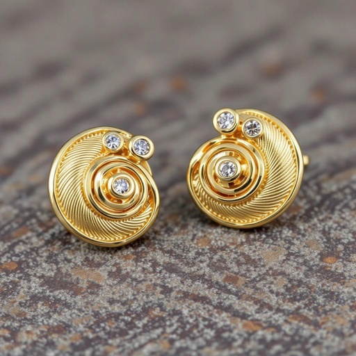 Золотые серьги в виде золотой спиральной ракушки украшенной тремя маленькими камнями 