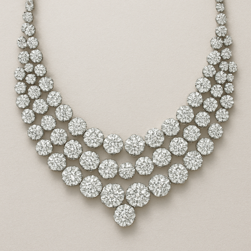 Double triple row necklace with 56 multiple size round diamonds cluster no symmetry style half way around 