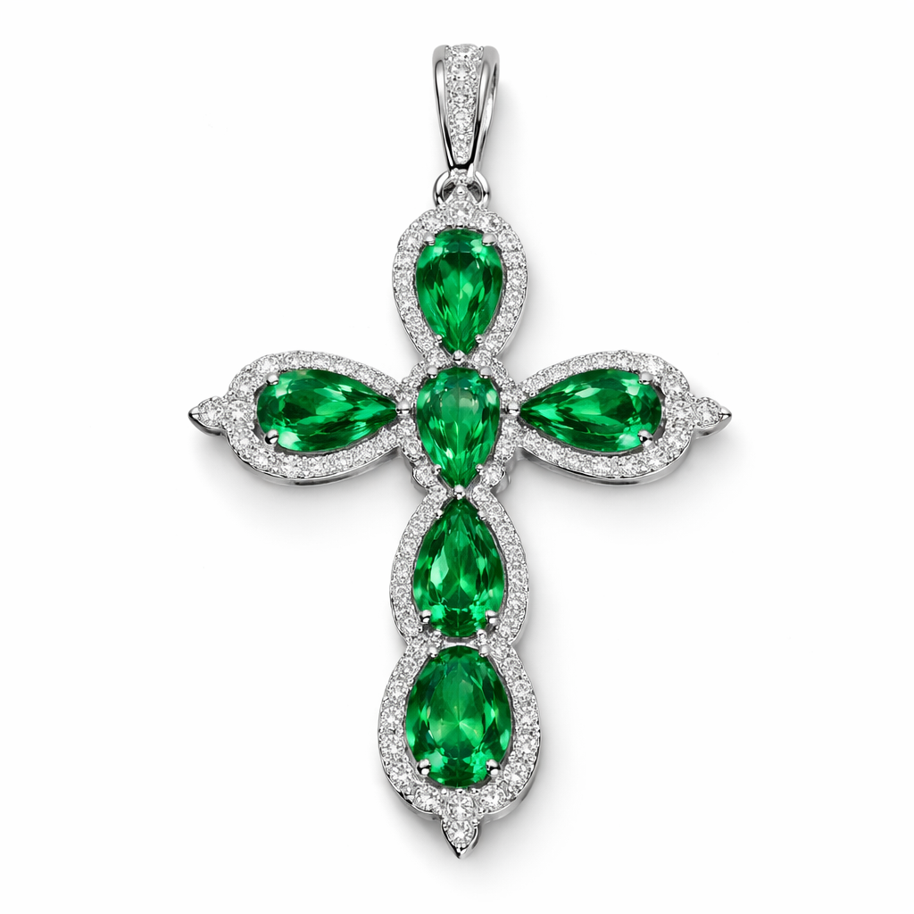 Pear cut Emerald Cross in white gold. Classic and stunning. A few accent diamonds.