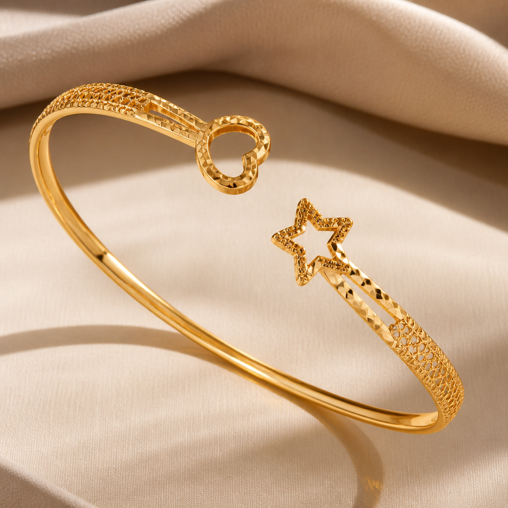 "Design a stylish 22K pure gold kangan for a 20-year-old woman. Minimalist yet luxurious, featuring sleek curves, unique open-cuff elements, tiny heart and star motifs, textured gold detailing, and a modern designer aesthetic. Premium jewelry photography, realistic gold shine, elegant and fashionable, luxury brand quality, ultra-realistic 4K render."
photorealistic jewelry design, "Design a stylish 22K pure gold kangan for a 20-year-old woman. Minimalist yet luxurious, featuring sleek curves, unique open-cuff elements, tiny heart and star motifs, textured gold detailing, and a modern designer aesthetic. Premium jewelry photography, realistic gold shine, elegant and fashionable, luxury brand quality, ultra-realistic 4K render.", byzantine style, just the design no text