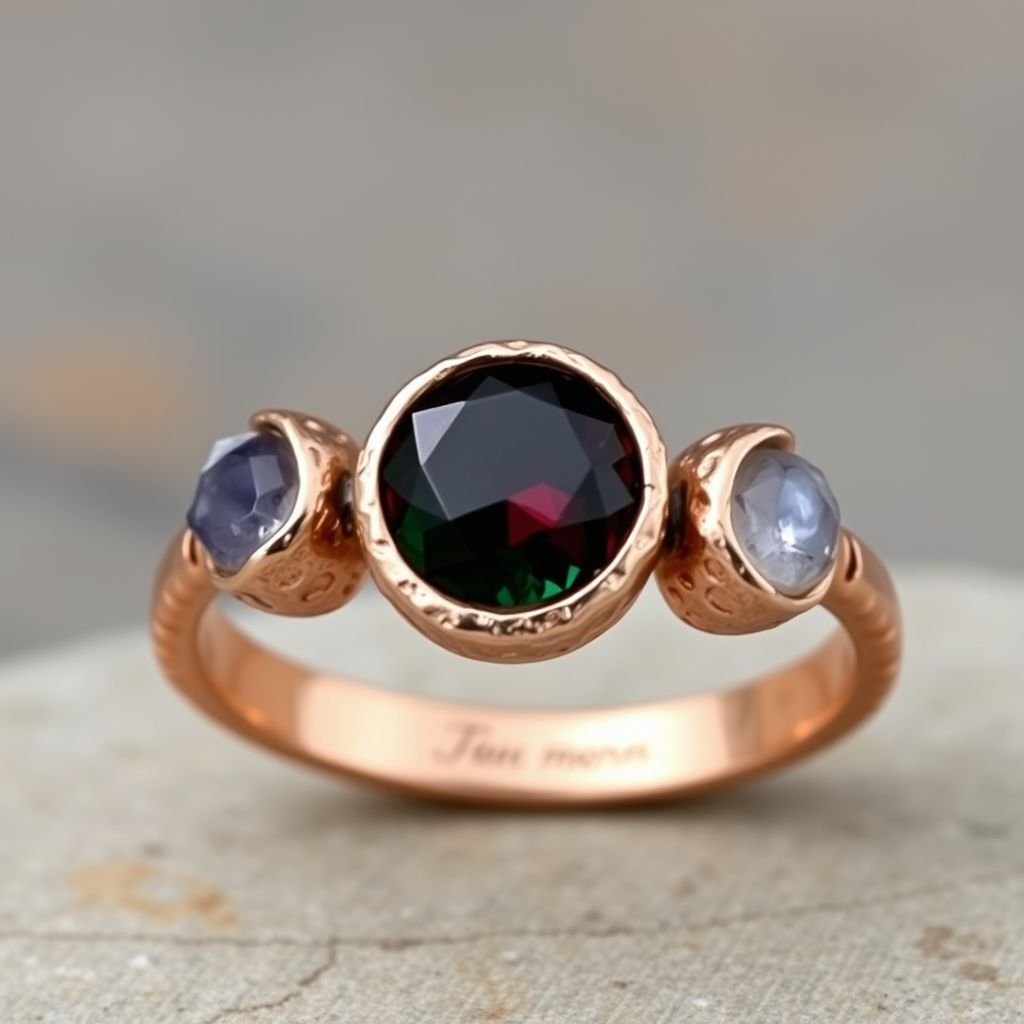 A simple rose gold engagement ring set with a circular alexandrite. Also set with a small half moon blue chalcedony on one side right next to it, and a small half moon moonstone set on the other side right next to it. On the inside of the band, it has an inscription reading, “Tuum. Et in hac vita et in altera.”