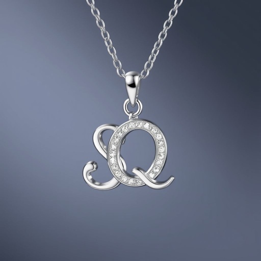 silver necklace with the pendant in letter letters SQ with white  stones. Make it cute and simple 