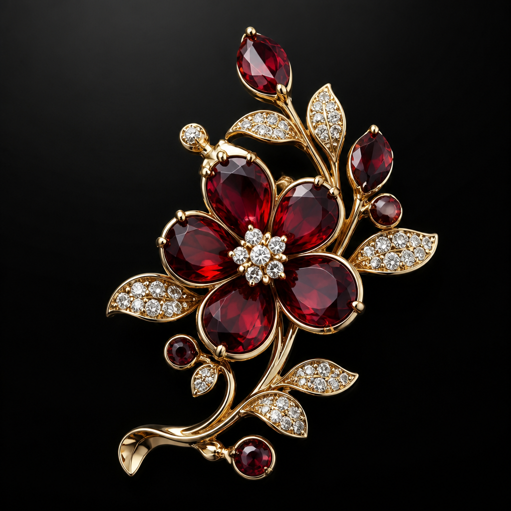 A luxury women's brooch made of gold with diamond and garnet stones suitable for anniversary. kpop
photorealistic jewelry design, A luxury women's brooch made of gold with diamond and garnet stones suitable for anniversary. kpop, luxury style, just the design no text