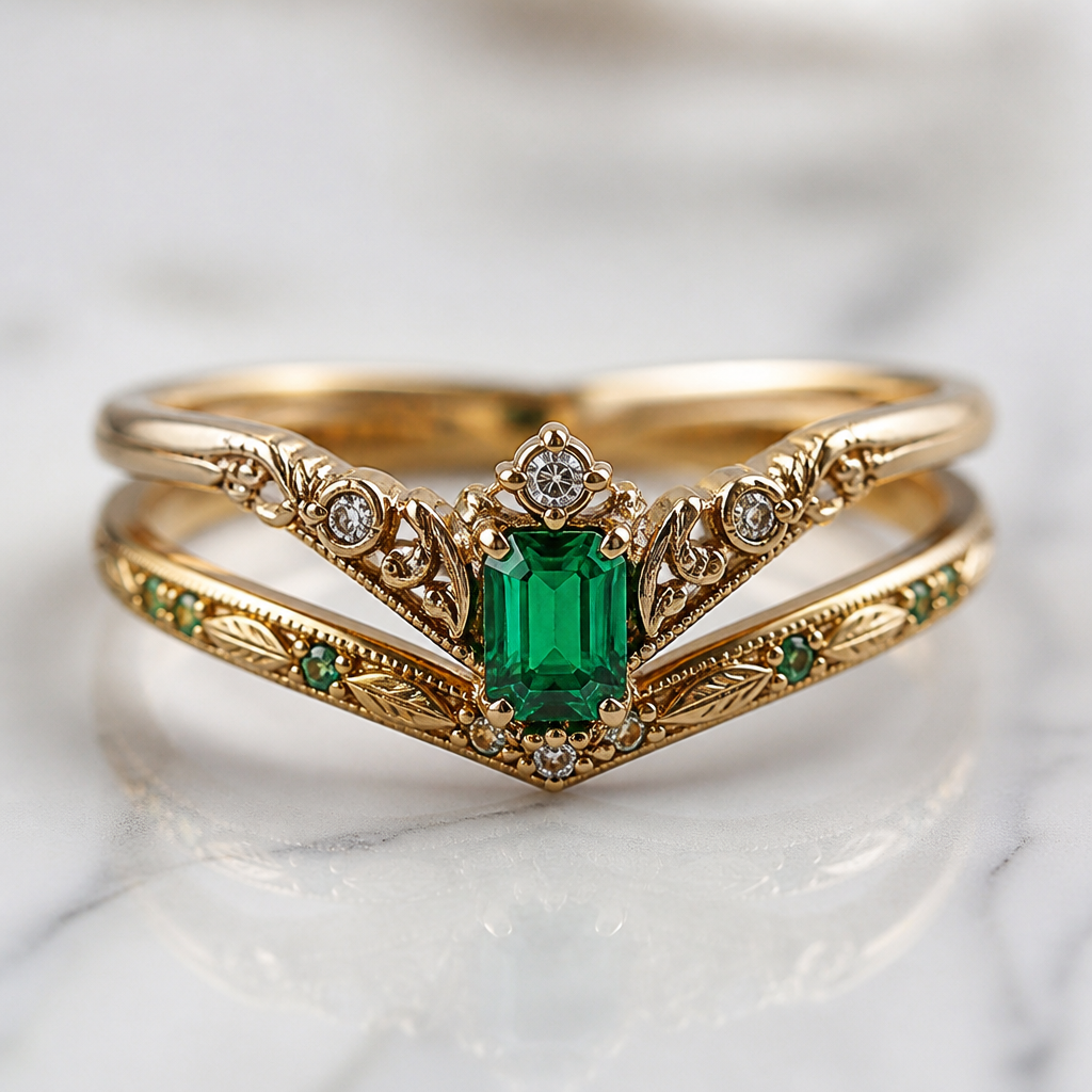 Emerald and gold band that fit into each other like a v
